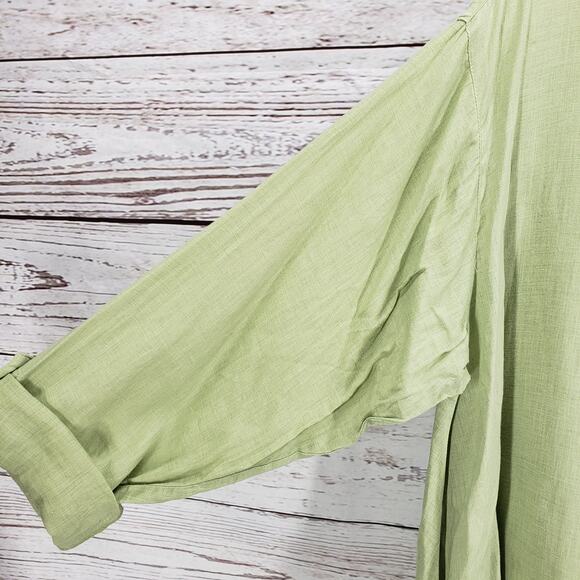 B. HADIKUSUMO Green 100%Linen Shark Bite Hem Roll Tab Sleeve Top Size XL - Picture 4 of 12